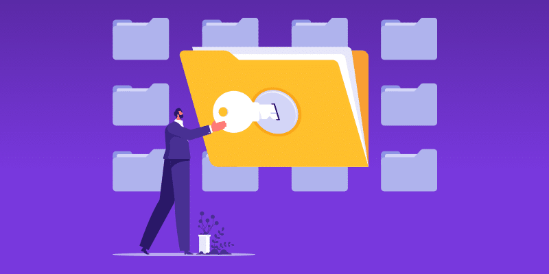 A person inserts a key into an oversized yellow folder, representing data access or unlocking information for large enterprises; several additional folders are stacked in the background against a purple backdrop.