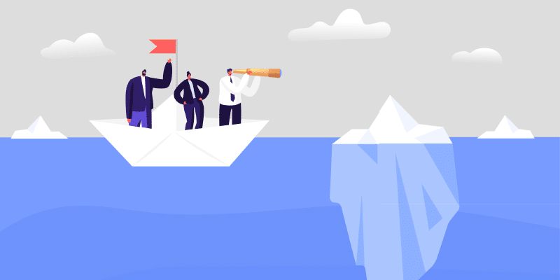 Three individuals stand together on a large paper boat navigating blue waters; one person raises a flag confidently at the bow, another peers forward through a telescope to scout the way, while a third stands nearby. Ahead in the water floats a prominent iceberg with most of its mass submerged, representing concealed dangers or challenges that lie beneath the surface.