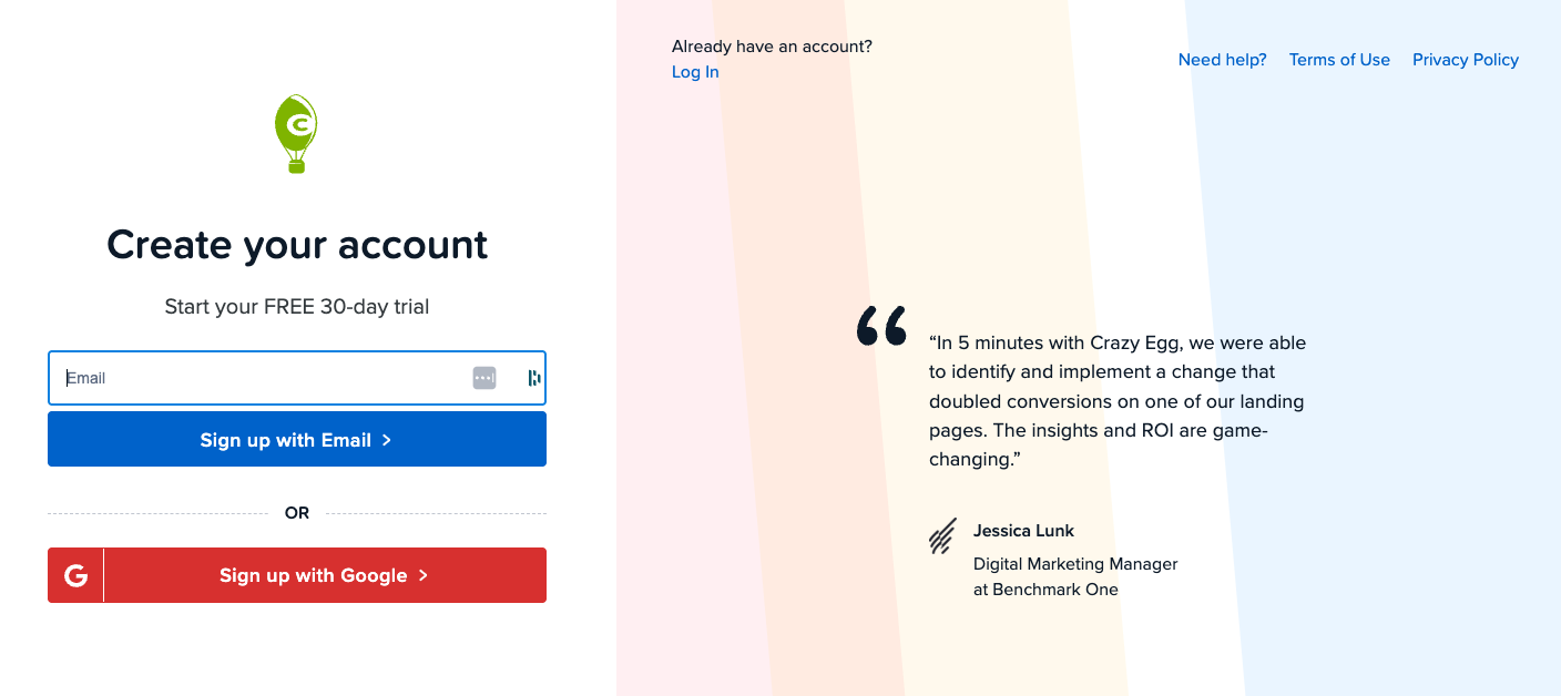 Landing page to create Crazy Egg account.