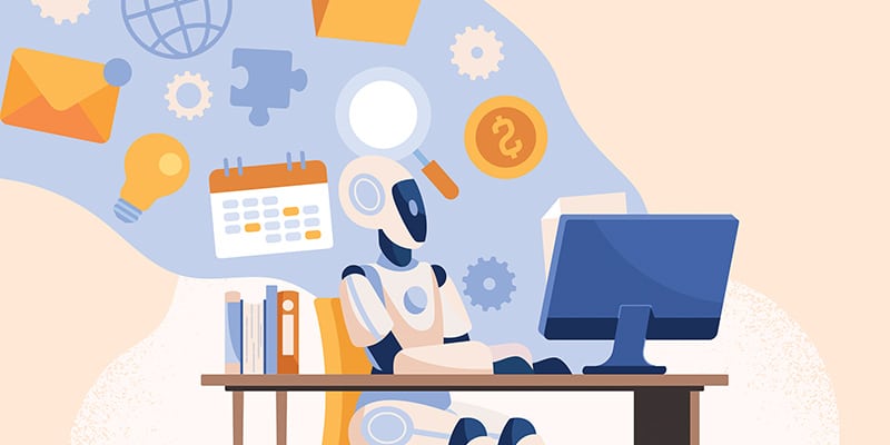 A sleek robot sits at a modern desk typing on a computer, representing IT automation; in the background, floating icons of a lightbulb, calendar, magnifying glass, and gears illustrate innovation, scheduling, search functionality, and technical processes.
