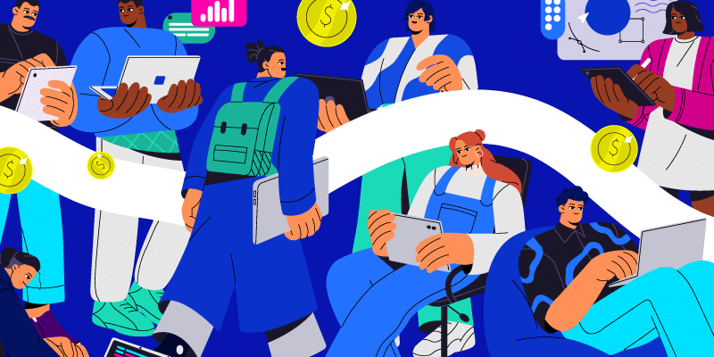 Illustration of various IT professionals with spend management concerns.